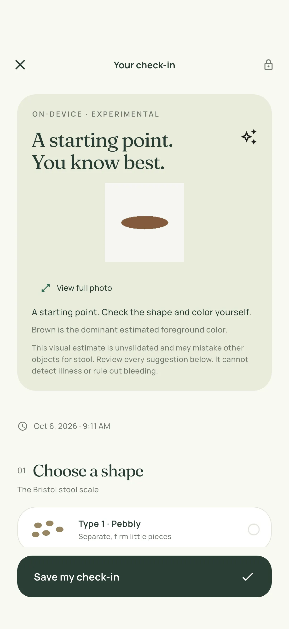 A check-in with an on-device estimate, labelled experimental, above the shape picker