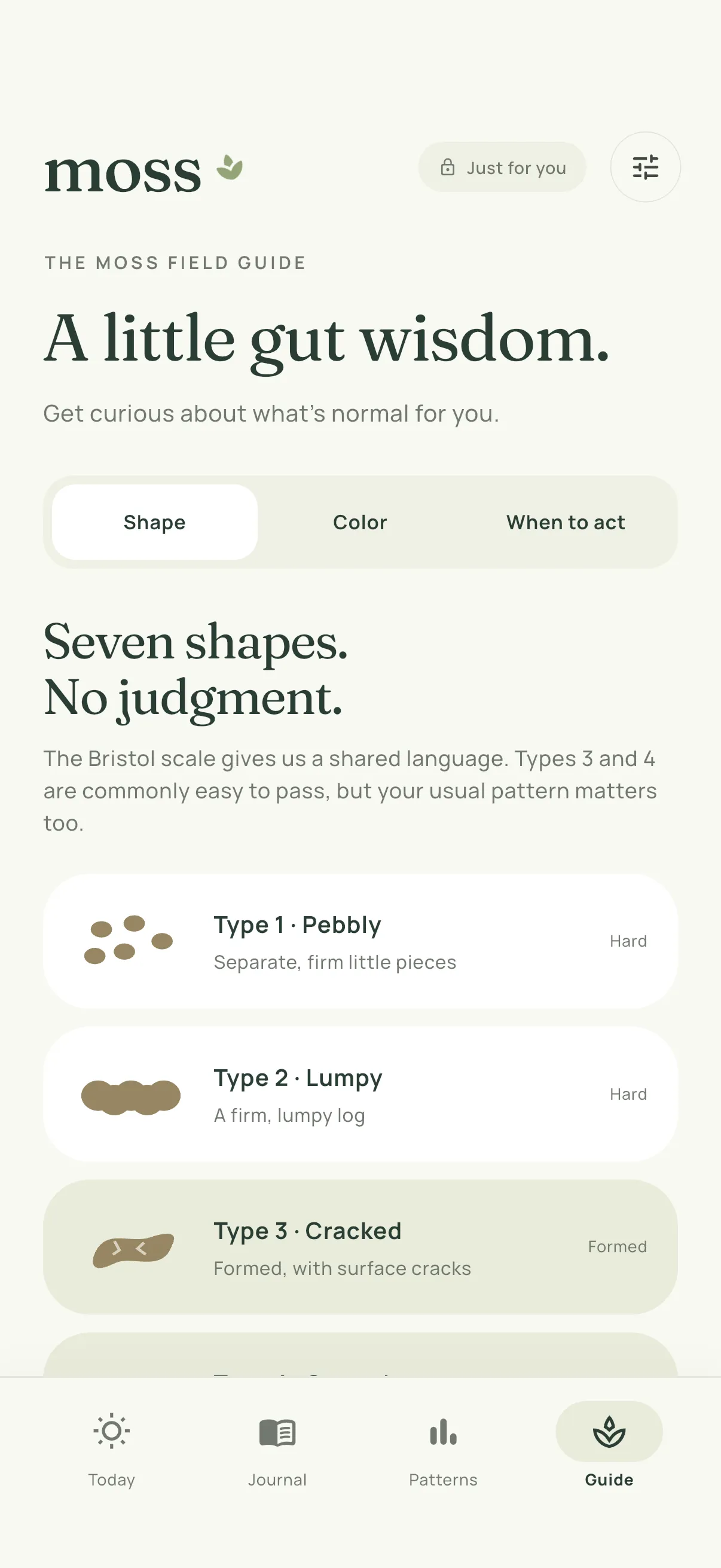 The field guide, listing the seven Bristol shapes