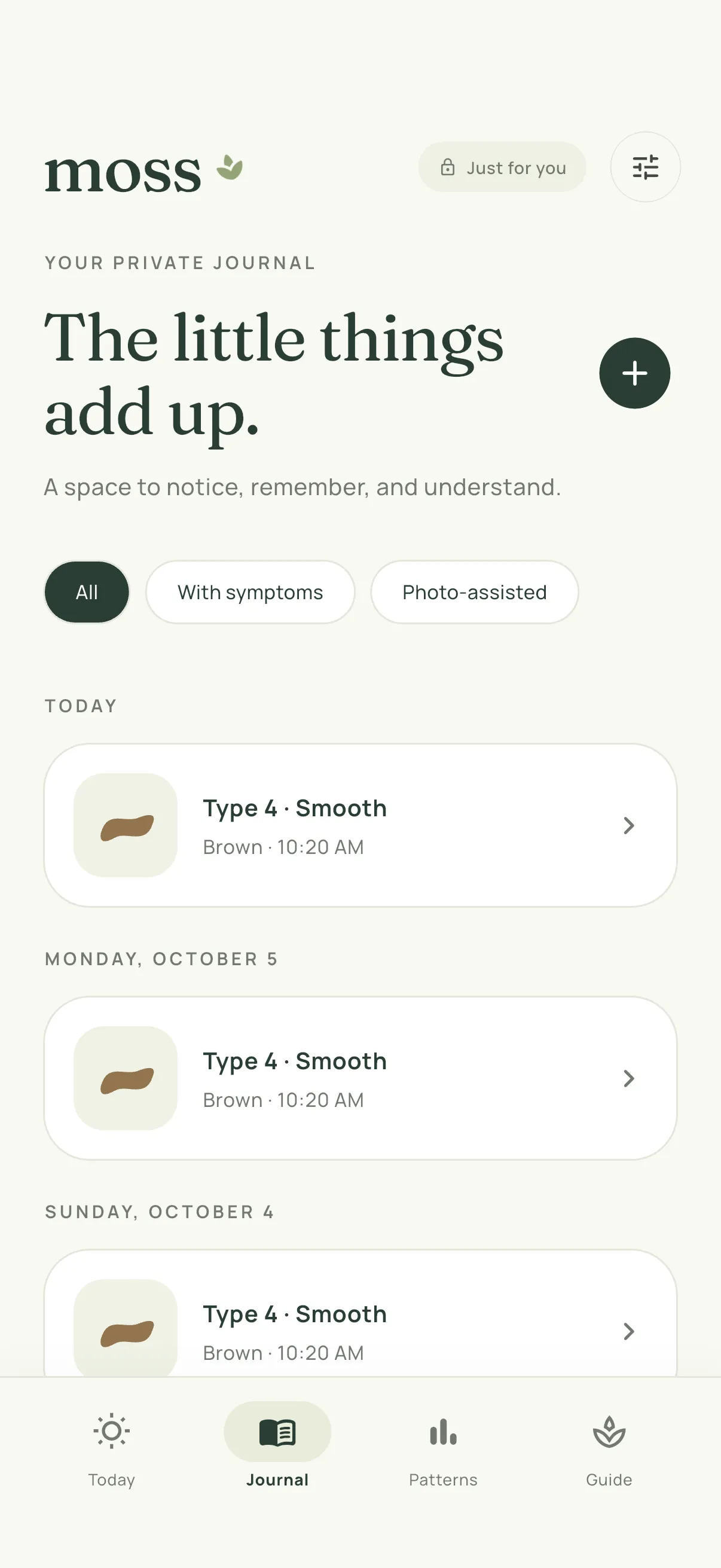 The journal, a list of check-ins grouped by day