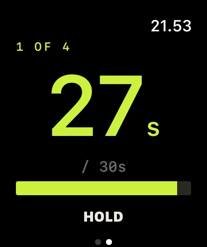 Live hang on the watch: hold 1 of 4 at 27s toward a 30s target, a lime progress bar and HOLD