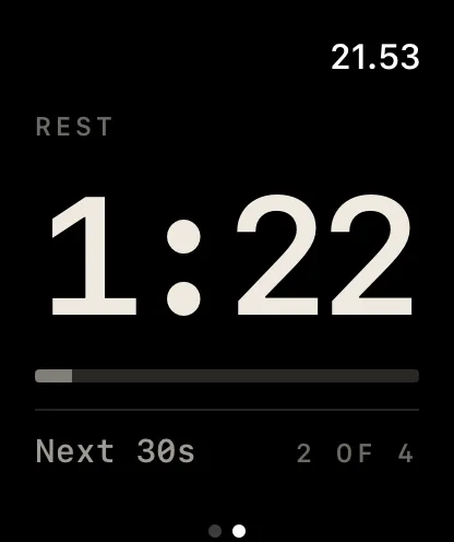 Rest on the watch: 1:22 counting down, next hold 30s, 2 of 4