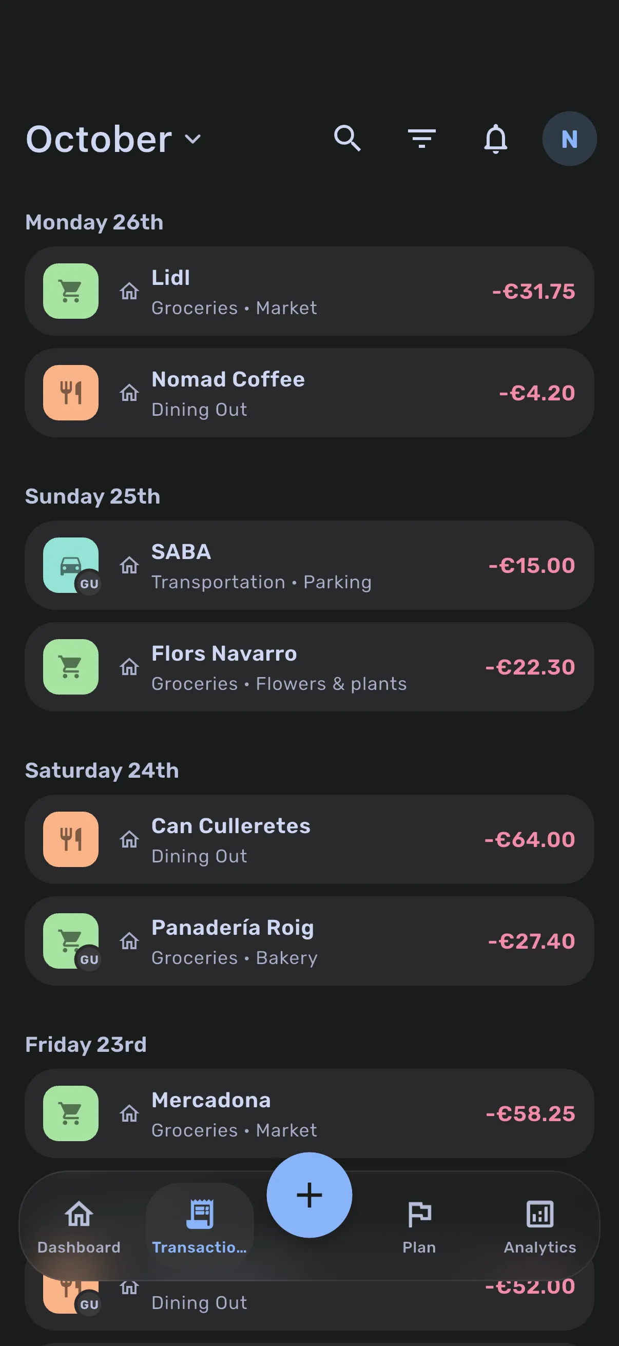 The transactions list for October, grouped by day, with household and partner badges on shared entries